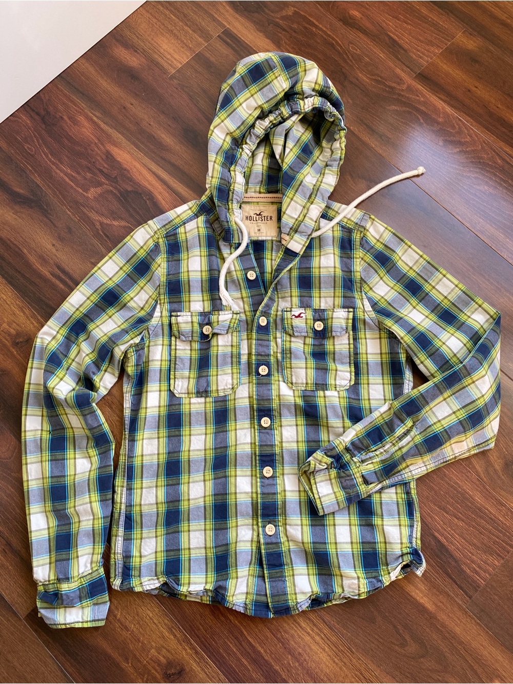 Hollister Y2K Plaid Hoodie Button Down 100% Cotton Surfer Grunge Mens M Slim Fit